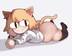 Rule 34 | 1girl, absurdres, animal ear fluff, ass, black thighhighs, blouse, cat girl, closed mouth, forastero, full body, highres, huge ass, light brown hair, long sleeves, looking at viewer, lying, neco-arc, no shoes, on floor, on stomach, shadow, shirt, shortstack, smile, solo, symbol-only commentary, tagme, tail, thick thighs, thighhighs, thighs, tsukihime, white shirt