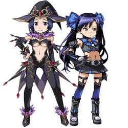 Rule 34 | 2girls, black hair, blue hair, bow, breasts, brown eyes, cleavage, cosplay, embarrassed, female focus, flat chest, hair bow, hat, idolmaster, idolmaster (classic), imai asami, kisaragi chihaya, long hair, magiquone, magiquone (cosplay), midriff, miura azusa, multiple girls, navel, neptune (series), noire (neptunia), noire (neptunia), noire (neptunia) (cosplay), red eyes, short hair, smile, standing, takahashi chiaki, tomonotomono, twintails, voice actor connection