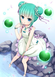 Rule 34 | 1girl, absurdres, ancientstar, anklet, barefoot, blue eyes, double bun, dress, green hair, highres, jewelry, looking up, lots of jewelry, original, short hair, sitting, soaking feet, solo, water