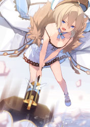 Rule 34 | 1girl, absurdres, angry, bare shoulders, blanc (neptunia), blue eyes, brown hair, buran buta, coat, dress, flat chest, fur trim, hair between eyes, hammer, hat, highres, holding, holding hammer, looking at viewer, neptune (series), open mouth, short hair, simple background, smile, solo, white background, white dress