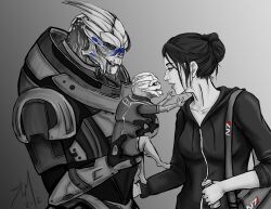 1boy 1girl baby bag commander_shepard commander_shepard_(female) deviantart family garrus_vakarian holding_baby mass_effect_(series) n7_hoodie reaching_up rossilyn strap turian