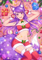 Rule 34 | 1girl, :d, animal ear fluff, animal ears, artist name, bed sheet, bell, box, breasts, burbur, candy, candy cane, choker, christmas, christmas ornaments, commentary, crop top, english commentary, fingerless gloves, food, fox ears, fox girl, fox tail, fur-trimmed legwear, fur-trimmed skirt, fur trim, gift, gift box, gloves, hair spread out, hands up, highres, jingle bell, long hair, looking at viewer, lying, medium breasts, midriff, miniskirt, mixed-language commentary, nail polish, navel, neck bell, on back, open mouth, original, paw pose, purple eyes, purple hair, purple nails, red gloves, red skirt, red thighhighs, ribbon, santa costume, skirt, smile, snowflakes, solo, tail, teeth, thighhighs, upper teeth only, watermark, zettai ryouiki