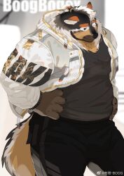 Rule 34 | 1boy, animal ear fluff, animal ears, bara, belly, black fur, boogbogex, brown eyes, brown fur, chest hair, dog boy, dog ears, ear down, furry, furry male, haki (boogbogex), hands on own hips, head tilt, highres, hood, hooded jacket, jacket, large pectorals, looking at viewer, male focus, muscular, muscular male, open clothes, open jacket, orange fur, original, pants, pectorals, shirt, short hair, smile, solo, t-shirt, thick eyebrows, whiskers, white fur