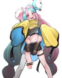 Rule 34 | 1futa, anatomical nonsense, asymmetrical legwear, bar censor, bike shorts, blue hair, blush, bow-shaped hair, censored, character hair ornament, covered testicles, creatures (company), frogsnake, futanari, game freak, grey pantyhose, hair ornament, huge penis, iono (pokemon), jacket, long hair, looking at viewer, multicolored hair, nintendo, open mouth, oversized clothes, pantyhose, penis, pink hair, pokemon, pokemon sv, sharp teeth, single leg pantyhose, sleeves past fingers, sleeves past wrists, smile, solo, split-color hair, teeth, testicles, thigh strap, very long sleeves, what, yellow jacket