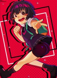 Rule 34 | 1girl, absurdres, ass, back peek, backpack, bag, bike shorts, black hair, black socks, blush, checkered clothes, checkered skirt, clenched hand, commission, commissioner upload, eyebrows, eyelashes, female focus, fist pump, hair between eyes, highres, looking at viewer, looking back, m/, marvel, najucaju naju, necktie, open mouth, peni parker, red background, red eyes, shirt, shoes, short hair, skirt, smile, socks, solo, sparkling eyes, spider-man: into the spider-verse, spider-man (series), spider-verse, vest, white shirt