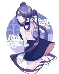 Rule 34 | 1girl, back, backless dress, backless outfit, black dress, black hair, blue eyes, china dress, chinese clothes, closed mouth, cowboy shot, double bun, dress, fate/grand order, fate (series), from behind, hair bun, katagiri (mighty swing), leaning forward, looking at viewer, short hair with long locks, smile, solo, twintails, yang guifei (fate)