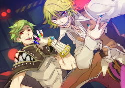 Rule 34 | 2boys, alphoccio basil, armor, bio lab, blonde hair, breastplate, brown cape, brown vest, cape, clown (ragnarok online), collared shirt, commentary request, creator (ragnarok online), dutch angle, facial tattoo, flamel emure, gloves, green hair, grin, hair between eyes, holding, in-universe location, jewelry, kiritachi, living clothes, long sleeves, looking at viewer, male focus, multiple boys, necklace, open mouth, pantaloons, pants, purple pants, ragnarok online, red eyes, shirt, short hair, smile, tattoo, teardrop, teardrop tattoo, teeth, upper body, vest, vial, white gloves, white shirt