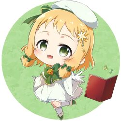 1girl :d bell beret blonde_hair blush book bow bowtie capelet chibi dress eda_udon eighth_note flower frilled_socks frills full_body gloves green_background green_bow green_bowtie green_eyes green_footwear green_ribbon hair_bow hair_flower hair_ornament hat highres inubouzaki_itsuki kneehighs long_sleeves looking_at_viewer musical_note open_book open_mouth ribbon round_image shoes sidelocks smile socks solo standing standing_on_one_leg star_(symbol) star_hair_ornament two-tone_background white_capelet white_dress white_gloves white_socks wide_sleeves yuuki_yuuna_wa_yuusha_de_aru yuusha_de_aru