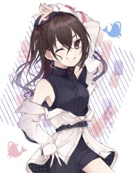 Rule 34 | 1girl, ;d, arm up, armpits, bare shoulders, belt, beret, black hat, black skirt, black sweater, blush, brown eyes, brown hair, commentary request, cowboy shot, crop top, earrings, glint, grin, hair between eyes, hat, highres, idolmaster, idolmaster cinderella girls, jacket, jewelry, long hair, long sleeves, looking at viewer, midriff, miniskirt, mole, mole under eye, off shoulder, one eye closed, open clothes, open jacket, open mouth, polka dot, ribbed sweater, shark, sharp teeth, sidelocks, skirt, sleeveless, sleeveless turtleneck, sleeves past wrists, smile, solo, standing, sunazuka akira, sweater, teeth, turtleneck, two side up, v, wavy hair, white jacket, yo (fu kumask)
