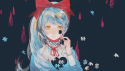 Rule 34 | 1girl, black background, bow, expressionless, grey hair, hair bow, hand up, highres, long hair, original, puzzle piece, qianbixia, red bow, solo, tears, yellow eyes