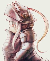 Rule 34 | 1other, armor, expressionless, from side, furry, helmet, highres, keimura (ksong), knight, made in abyss, nanachi (made in abyss), other focus, pauldrons, plate armor, plume, profile, shoulder armor, sidelocks, simple background, solo, whiskers, white background, white hair