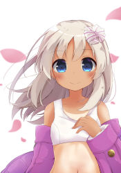 Rule 34 | 10s, 1girl, arm at side, bikini, blue eyes, bow, closed mouth, collarbone, commentary request, hair bow, hand on own chest, jacket, kantai collection, long hair, looking at viewer, navel, off shoulder, one-piece swimsuit, one-piece tan, open clothes, open jacket, petals, pink jacket, ro-500 (kancolle), smile, solar milk, solo, striped, striped bow, swimsuit, tan, tankini, tanline, upper body, white background, white hair, white one-piece swimsuit, wind