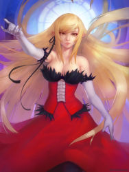 Rule 34 | 1girl, bare shoulders, blonde hair, breasts, cleavage, closed mouth, commentary request, detached sleeves, dress, ears visible through hair, highres, kiss-shot acerola-orion heart-under-blade, large breasts, long hair, looking at viewer, matching hair/eyes, monogatari (series), oshino shinobu, parted lips, pointy ears, solo, swept bangs, unsomnus, yellow eyes