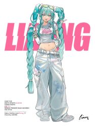 Rule 34 | 1girl, :d, artist name, baggy pants, blue eyes, blue hair, braid, crop top, goggles, goggles on head, hair between eyes, hair ornament, hatsune miku, highleg, highleg panties, highres, lianng, long hair, long sleeves, navel, open mouth, panties, pants, print shirt, shirt, shoes, sidelocks, signature, simple background, smile, sneakers, solo, stomach, tongue, tongue out, twin braids, underwear, very long hair, vocaloid, watch, white background, white footwear, white pants, white shirt, wristwatch, y2k (fashion)