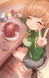 Rule 34 | 1girl, :3, badge, bar stool, blonde hair, blush, bowl, breasts, brown footwear, button badge, chopsticks, closed eyes, closed mouth, commentary, cup, dated, eating, egg, facing viewer, fingernails, food, food on face, from above, full body, good meat day, green jacket, grey skirt, highres, holding, holding chopsticks, jacket, kurosususu, large breasts, loafers, meat, persona, persona 4, pleated skirt, raw egg, rice, rice bowl, rice on face, satonaka chie, school uniform, shoes, short hair, sitting, skirt, socks, solo, stool, swept bangs, tomboy, track jacket, v, water, white socks, zipper