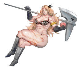 Rule 34 | 1girl, absurdres, amazon (dragon&#039;s crown), amazon warrior, apple, armlet, armor, axe, blonde hair, breasts, dragon&#039;s crown, feather hair, food, fruit, gloves, greaves, green eyes, hairband, highres, huge weapon, large breasts, minew, muscular, muscular female, over shoulder, solo, tattoo, thick thighs, thighs, weapon, weapon over shoulder