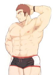 Rule 34 | 1boy, abs, armpit hair, armpits, bara, brown hair, bulge, cowboy shot, facial hair, facial scar, goatee, tamamura gunzo, hand on own head, harada (basashi), large pectorals, looking to the side, male focus, mature male, muscular, muscular male, navel, navel hair, nipples, pectorals, scar, scar on cheek, scar on face, short hair, sideburns, solo, spiked hair, stomach, stubble, sweatdrop, thick eyebrows, thick thighs, thighs, tokyo houkago summoners, underwear, underwear only