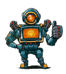 Rule 34 | 1other, apex legends, cable, chibi, full body, hand on own hip, head tilt, highres, humanoid robot, looking at viewer, one-eyed, orange eyes, pathfinder (apex legends), robot, science fiction, shadow, simple background, smiley face, solo, standing, thumbs up, white background, yada-san