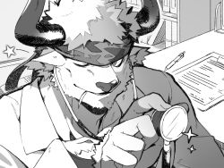 Rule 34 | 1boy, animal ears, armband, camouflage, camouflage headwear, chest hair, cow ears, cow horns, doctor, facial hair, furry, furry male, goatee, greyscale, hand focus, headband, horns, lab coat, looking at viewer, male focus, minotaur, mint, monochrome, muscular, muscular male, nizitaro, one eye closed, open mouth, pen, shennong (housamo), smile, solo, sparkle, star (symbol), stethoscope, tokyo houkago summoners