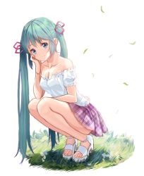 Rule 34 | 1girl, absurdly long hair, aqua eyes, aqua hair, artist name, bare legs, blouse, blue eyes, blue hair, breasts, checkered clothes, checkered skirt, cleavage, collarbone, feet, female focus, frilled shirt, frills, full body, hair ribbon, hand on own cheek, hand on own face, hatsune miku, high heels, long hair, miniskirt, nanashi (74 nanashi), off-shoulder shirt, off shoulder, outdoors, parted lips, purple skirt, ribbon, shirt, skirt, sleeveless, sleeveless shirt, small breasts, smile, solo, squatting, twintails, very long hair, vocaloid, white background, white footwear, white high heels, white shirt