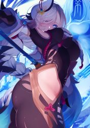 Rule 34 | 1girl, ass, blue eyes, blush, bodysuit, braid, breasts, genshin impact, hair ornament, hair over one eye, highres, hip vent, large breasts, long hair, looking at viewer, low-braided long hair, low-tied long hair, polearm, reku hisui, shenhe (genshin impact), smile, thighs, underboob, weapon, white hair