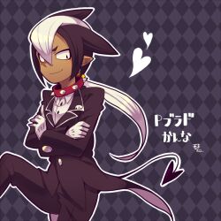 Rule 34 | 1boy, animal collar, argyle, argyle background, black jacket, black pants, buttons, collar, crossed arms, dark-skinned male, dark skin, demon tail, formal, gloves, grey background, hair ears, jacket, kotorai, livly island, male focus, multicolored hair, pants, pointy ears, shirt, signature, smile, spiked collar, spikes, tail, tailcoat, translation request, two-tone hair, white gloves, white shirt