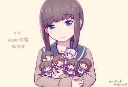 Rule 34 | 10s, 1girl, 2016, black hair, blue eyes, cardigan, character doll, character name, chibi, dated, fubuki (kancolle), hatsuyuki (kancolle), isonami (kancolle), kantai collection, long hair, looking at viewer, mini person, minigirl, miyuki (kancolle), murakumo (kancolle), nakaaki masashi, school uniform, serafuku, shirayuki (kancolle), sidelocks, smile, solo focus, twitter username, uranami (kancolle)