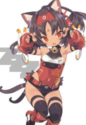 Rule 34 | 1girl, animal ear fluff, animal ears, armpits, arms up, bare shoulders, bell, black hair, black thighhighs, blade (galaxist), boots, breasts, bridal gauntlets, cat ears, cat girl, cat tail, claw pose, commentary, covered navel, dark-skinned female, dark skin, detached sleeves, fang, highres, jingle bell, knee boots, leotard, long sleeves, multiple tails, neck bell, nekomiya mana, open mouth, ponytail, puffy long sleeves, puffy sleeves, red eyes, red footwear, red leotard, red sleeves, short eyebrows, small breasts, solo, tail, thick eyebrows, thighhighs, thighhighs under boots, two tails, white background, zenless zone zero