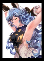 Rule 34 | 1girl, absurdres, animal ears, armpits, arms up, bare shoulders, belt, black border, black gloves, blue hair, blue skirt, blush, border, breasts, brown eyes, cape, embarrassed, erune, ferry (granblue fantasy), gloves, granblue fantasy, half-closed eyes, highres, long hair, looking at viewer, loose belt, medium breasts, sideboob, sidelocks, simple background, skirt, solo, tsurime, ulrich (tagaragakuin), v-shaped eyebrows, wavy hair, white background