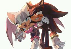 Rule 34 | 1boy, 1girl, absurdres, bat wings, blue eyes, breasts, clenched teeth, commentary request, furry, furry female, furry male, gloves, hand on another&#039;s shoulder, highres, hyeon sonic, injury, korean commentary, medium breasts, red eyes, rouge the bat, shadow the hedgehog, simple background, smile, sonic (series), teeth, white background, white gloves, wings