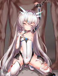 Rule 34 | 1girl, breasts, clenched teeth, code: battle seraph (elsword), collar, cuffed, ehart, elsword, eve (elsword), closed eyes, facial mark, forehead jewel, long hair, nipples, object insertion, restrained, silver hair, solo focus, squatting, teeth, torn clothes