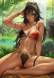 Rule 34 | 1girl, abs, animal ears, anklet, arm up, armlet, artist name, bare shoulders, barefoot, bikini, black hair, blonde hair, blue eyes, bone necklace, breasts, closed mouth, commentary, crossed bangs, dark-skinned female, dark skin, day, dehya (genshin impact), earrings, english commentary, genshin impact, gold bracelet, hair intakes, highres, jewelry, large breasts, lips, long hair, multicolored hair, nail polish, navel, outdoors, plant, red nails, sciamano240, signature, single earring, sitting, skindentation, solo, stomach, streaked hair, sweat, swimsuit, thigh strap, thighs, toe ring, toenail polish, toenails, two-tone hair, wet