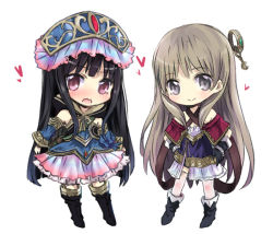 Rule 34 | 2girls, atelier (series), atelier meruru, atelier totori, black hair, blush, boots, brown hair, chibi, cosplay, costume switch, detached sleeves, dress, female focus, grey eyes, hands on own hips, hat, heart, long hair, maromi (am97), mimi houllier von schwarzlang, mimi houllier von schwarzlang (cosplay), multiple girls, open mouth, purple eyes, simple background, standing, totooria helmold, totooria helmold (cosplay), very long hair, wavy mouth