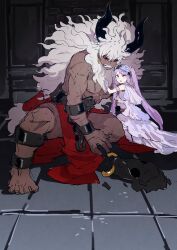 Rule 34 | 1boy, 1girl, asterios (fate), black horns, black sclera, colored sclera, dress, euryale (fate), fate/grand order, fate (series), grimace, highres, horns, long hair, mane, pectorals, purple eyes, purple hair, red eyes, scar, scar on arm, scar on chest, squatting, tetsu (teppei), twintails, very long hair, white dress, white hair