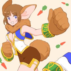 Rule 34 | 1girl, animal ears, animal hands, arms up, bad id, bad pixiv id, blue eyes, breasts, brown hair, chrono cross, cleavage, cleavage cutout, clothing cutout, commentary request, fur, groin, janice, looking at viewer, mizushima (kazami4), monster girl, rabbit ears, short hair, shorts, solo, tail