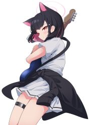 Rule 34 | 1girl, absurdres, animal ears, black hair, blue archive, blunt bangs, bob cut, bracelet, cat ears, cat girl, clothes around waist, colored inner hair, commentary request, earrings, electric guitar, extra ears, guitar, hair ornament, hairclip, halo, head tilt, highres, holding, holding instrument, hugging object, instrument, jacket, jacket around waist, jewelry, kazusa (band) (blue archive), kazusa (blue archive), kittenlochen, looking at viewer, multicolored hair, official alternate costume, pleated skirt, print shirt, red eyes, shirt, short hair, short sleeves, sidelocks, simple background, skirt, solo, t-shirt, two-tone hair, white background, white shirt, white skirt