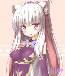 Rule 34 | 1girl, alternate hairstyle, animal ears, artist name, bare shoulders, blush, breasts, cat ears, eyes visible through hair, fang, hair down, haku (p&amp;d), highres, impossible clothes, lilium0235, long hair, looking at viewer, medium breasts, multicolored hair, open mouth, puzzle &amp; dragons, red eyes, red hair, signature, simple background, solo, tiger ears, two-tone hair, white hair
