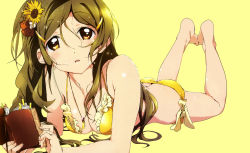 Rule 34 | 1girl, absurdres, barefoot, bikini, book, breasts, brown eyes, brown hair, cleavage, feet, feet together, flower, hair flower, hair ornament, hairclip, highres, kouno megumi, legs up, long hair, lying, medium breasts, official art, on stomach, shinomiya himawari, simple background, solo, swimsuit, the pose, vividred operation, wet, yellow background, yellow bikini