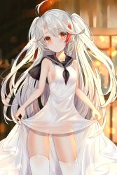 Rule 34 | 1girl, absurdres, aged down, antenna hair, azur lane, bare shoulders, breasts, child, clothes lift, commentary request, cowboy shot, dress, dress lift, highres, lifted by self, long hair, looking at viewer, mole, mole on breast, multicolored hair, open mouth, prinz eugen (azur lane), red hair, sailor collar, sailor dress, sideboob, silver hair, sleeveless, sleeveless dress, small breasts, solo, streaked hair, sundress, swept bangs, thighs, two side up, very long hair, white dress, yukineko1018