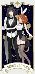 Rule 34 | 1boy, 1girl, :p, ahoge, animal ears, arm around waist, black bow, black bowtie, black footwear, black hair, black pants, black vest, blush, border, bow, bow legwear, bowtie, breasts, character name, cleavage, couple, detached collar, fake animal ears, fate/grand order, fate (series), fishnet thighhighs, fishnets, fujimaru ritsuka (female), gloves, grey eyes, hair ornament, hair scrunchie, hetero, high heels, highleg, highleg leotard, highres, holding hands, leotard, medium breasts, nostrils, oberon (fate), oberon (third ascension) (fate), one side up, open mouth, orange eyes, orange hair, pants, romo827, scrunchie, shirt, thighhighs, tongue, tongue out, twitter username, vest, white gloves, white leotard, white scrunchie, white shirt, wrist cuffs