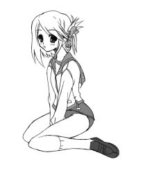 Rule 34 | 00s, 1girl, :o, between legs, blush, folded ponytail, greyscale, hand between legs, kneehighs, komaki manaka, looking at viewer, monochrome, school uniform, simple background, sitting, socks, solo, swimsuit, swimsuit under clothes, to heart (series), to heart 2, wariza, white background
