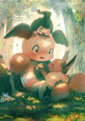 Rule 34 | ^ ^, bad id, bad pixiv id, blush, bow, caterpie, caterpillar, closed eyes, commentary request, creatures (company), eevee, closed eyes, forest, game freak, gen 1 pokemon, gen 4 pokemon, highres, manino (mofuritaionaka), mime jr., mr. mime, nature, nintendo, no humans, open mouth, pikachu, pokemon, pokemon (creature), signature, sitting, tree, tree stump, weedle