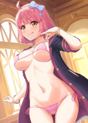 Rule 34 | 1girl, :q, ahoge, bikini, blush, bow, bracelet, breasts, chieru (princess connect!), commentary request, covered erect nipples, cowboy shot, groin, hair ornament, hairband, highres, inanaki shiki, jacket, jewelry, looking at viewer, medium breasts, navel, open clothes, open jacket, pink bikini, pink bow, pink hair, pink hairband, princess connect!, short hair, side-tie bikini bottom, solo, standing, star (symbol), star hair ornament, star in eye, swimsuit, symbol in eye, tongue, tongue out, underboob, window, yellow eyes