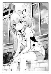 Rule 34 | 1girl, ahoge, bad id, bad twitter id, bare arms, bare shoulders, blush, closed mouth, cloud, cloudy sky, commentary request, greyscale, hair ribbon, highres, holding, hood, hood down, hoodie, hyurasan, long hair, looking at viewer, monochrome, original, outdoors, reflection, ribbon, shirt, short shorts, shorts, sitting, sky, sleeveless, sleeveless hoodie, sleeveless shirt, solo, star (symbol), star print, twintails, window