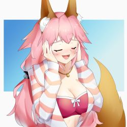 Rule 34 | 1girl, animal ear fluff, animal ears, blush, bra, breasts, cleavage, closed eyes, collar, fang, fate/extra, fate/extra ccc, fate/grand order, fate (series), fox ears, fox girl, fox tail, hand on own face, kanonblog776, large breasts, long hair, open clothes, open mouth, open shirt, pink bra, pink hair, shirt, solo, striped clothes, striped shirt, tail, tamamo (fate), tamamo no mae (fate/extra), tamamo no mae (spring casual) (fate), underwear, very long hair