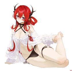 Rule 34 | 1girl, arknights, arm support, barefoot, bikini, black bikini, breasts, choker, cleavage, closed mouth, criss-cross halter, detached sleeves, feet, full body, halterneck, highres, horns, legs, long hair, looking at viewer, medium breasts, navel, purple eyes, red hair, side-tie bikini bottom, signature, simple background, single hair ring, sitting, solo, songchuan li, spread toes, surtr (arknights), surtr (colorful wonderland) (arknights), swimsuit, swimsuit cover-up, thigh strap, toenails, toes, white background, yokozuwari