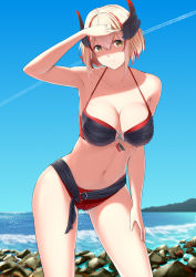 Rule 34 | 1girl, azur lane, bikini, blonde hair, blue sky, breasts, brown eyes, cameltoe, cleavage, closed mouth, collarbone, cross, day, gt-apex, hair between eyes, hand on own thigh, hand up, head tilt, headgear, highres, iron cross, large breasts, long sleeves, looking at viewer, multicolored hair, navel, ocean, outdoors, red hair, roon (azur lane), shaded face, short hair, skindentation, sky, smile, solo, stomach, streaked hair, swimsuit, waves