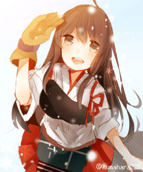 Rule 34 | 10s, 1girl, :d, akagi (kancolle), artist name, brown eyes, brown hair, gloves, highres, japanese clothes, kantai collection, kumahara, long hair, muneate, open mouth, partially fingerless gloves, partly fingerless gloves, simple background, smile, solo, yugake