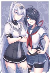 Rule 34 | 2girls, ahoge, bandaged leg, bandages, black gloves, black hair, black skirt, blue eyes, blue sailor collar, blue skirt, breasts, closed mouth, crop top, crossed arms, dated, fuyutsuki (kancolle), gloves, grey eyes, grey hair, grey neckerchief, grey thighhighs, hachimaki, hair over one eye, hair ribbon, hand on another&#039;s shoulder, headband, headgear, highres, kabocha torute, kako (kancolle), kako kai ni (kancolle), kantai collection, large breasts, long hair, looking at viewer, medium breasts, miniskirt, multiple girls, neckerchief, one side up, open mouth, pleated skirt, red ribbon, ribbon, sailor collar, school uniform, serafuku, short sleeves, simple background, skirt, thighhighs, twitter username, very long hair, white headband, white sailor collar