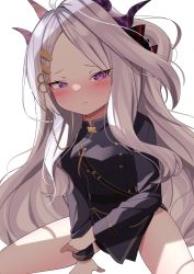 Rule 34 | 1girl, aiguillette, blue archive, blush, demon horns, highres, hina (blue archive), horns, military, military uniform, parted bangs, purple eyes, shaded face, shadow, silver hair, simple background, templus, uniform, white background
